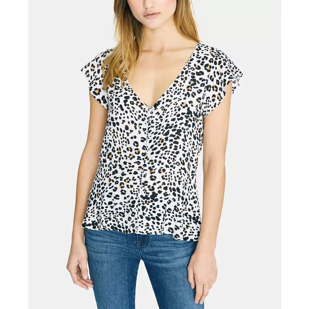 Sanctuary Peplum Flutter Sleeve Blouse In White Leo Size XL fits M $109